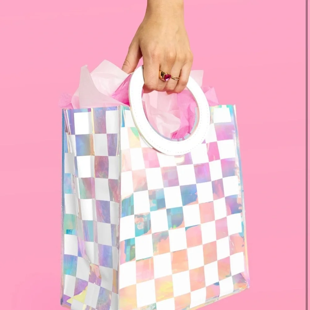 NWT 6Pc Clear Iridescent‎ + White Checkered PVC Bag Set
